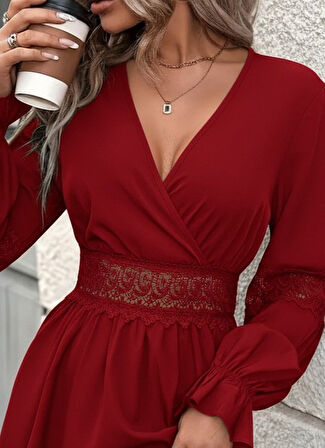 Aesco Kadın Uzun Kollu Kruvaze Yakalı Dantelli Fermuar Detaylı Mini Ithal Krep Elbise