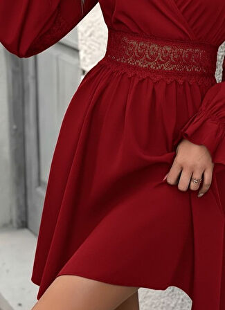 Aesco Kadın Uzun Kollu Kruvaze Yakalı Dantelli Fermuar Detaylı Mini Ithal Krep Elbise