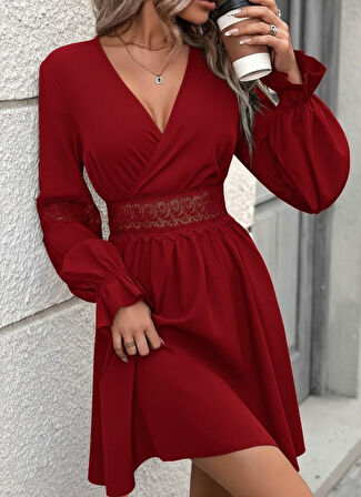 Aesco Kadın Uzun Kollu Kruvaze Yakalı Dantelli Fermuar Detaylı Mini Ithal Krep Elbise