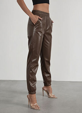 Aesco Kadın Yüksek Bel Lastikli önü Düğmeli Deri Pantolon