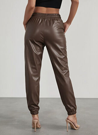 Aesco Kadın Yüksek Bel Lastikli önü Düğmeli Deri Pantolon