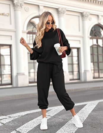 Aesco Kadın Uzun Kollu Kapşonlu Viskon Iki Iplik Bluz Ve Pantolon Ikili Takım