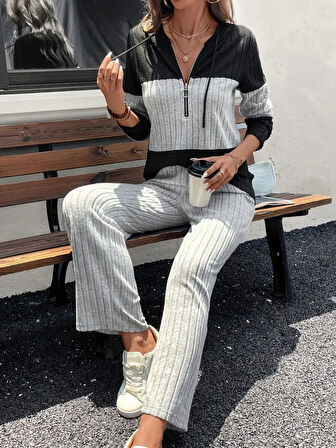 Aesco Kadın Uzun Kollu Kapşonlu önden Fermuarlı şardonlu Kaşkorse Bluz Ve Pantolon