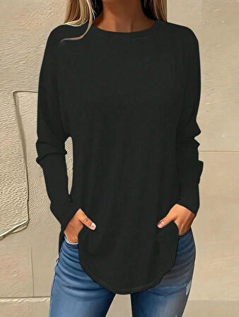 Aesco Kadın Uzun Kollu Yuvarlak Yaka Salaş Iki Iplik Bluz
