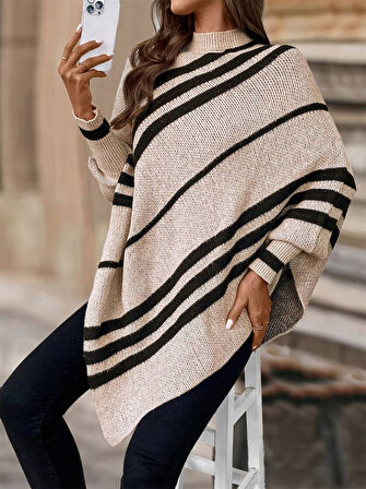 Aesco Kadın Uzun Yarasa Kollu Yüksek Boyunlu Asimetrik Kesim Triko Pelerin Kazak