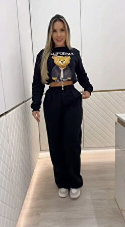 Aesco Kadın Uzun Kollu Bisiklet Yaka Desenli Iki Iplik şardonlu Bluz Ve Pantolon Ikili Takım