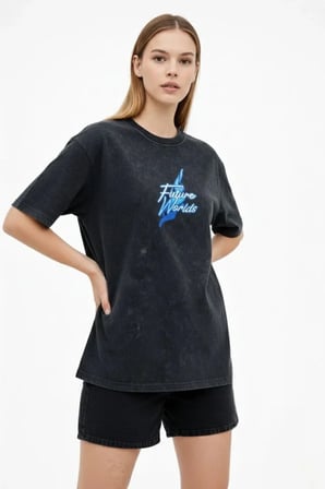 Aesco Asit Yıkamalı Oversize Tişört Future Worlds Baskılı Bisiklet Yaka Kısa Kollu Streetwear %100 P