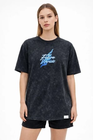 Aesco Asit Yıkamalı Oversize Tişört Future Worlds Baskılı Bisiklet Yaka Kısa Kollu Streetwear %100 P