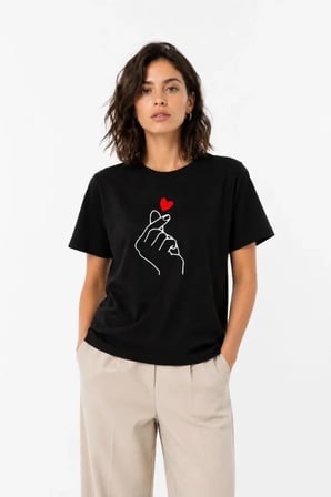 Aesco Kore Parmak Kalp Aşk Temalı Minimal Baskılı Tişört Yazlık Kısa Kol T-Shirt - Siyah