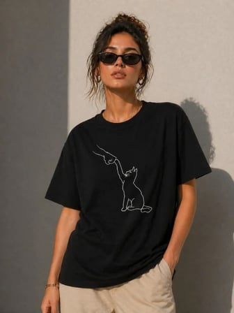 Aesco Minimal Kedi Çizim Baskılı Tişört Kısa Kol Yazlık T-Shirt - Siyah