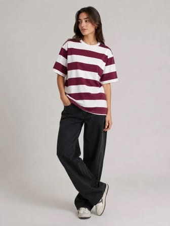 Aesco Çizgili Oversize Tişört Bisiklet Yaka Kısa Kol Yazlık T-Shirt - Bordo