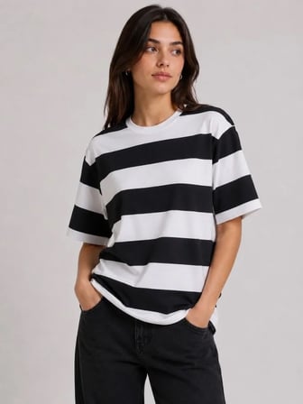 Aesco Çizgili Oversize Tişört Bisiklet Yaka Kısa Kol Yazlık T-Shirt - Siyah