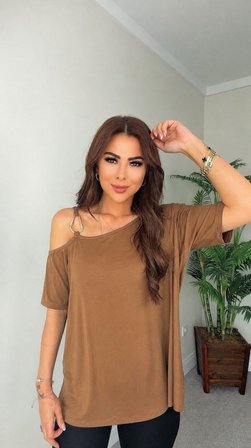 Aesco Tek Omuz Askılı Toka Detaylı Viskon Bluz Sütlü Kahve 2XL