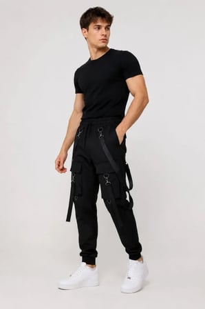Aesco Erkek Techwear Şerit Aksesuarlı Ön Kapak Cep Detaylı Jogger Eşofman Altı - Siyah