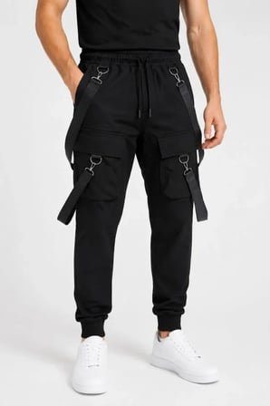 Aesco Erkek Techwear Şerit Aksesuarlı Ön Kapak Cep Detaylı Jogger Eşofman Altı - Siyah