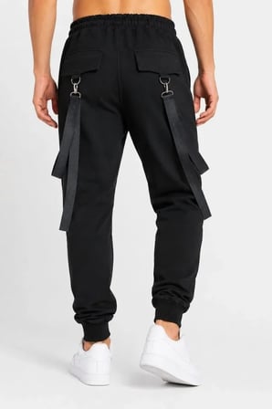 Aesco Erkek Techwear Şerit Aksesuarlı Ön Kapak Cep Detaylı Jogger Eşofman Altı - Siyah