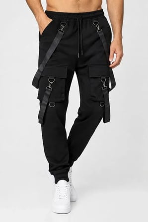 Aesco Erkek Techwear Şerit Aksesuarlı Ön Kapak Cep Detaylı Jogger Eşofman Altı - Siyah