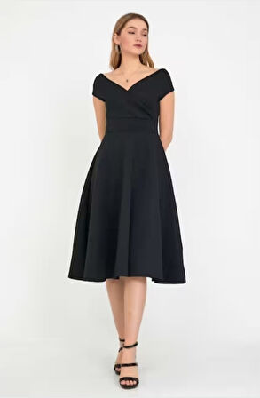 Aesco Kadın Kısa Kollu Kruvaze Yaka Eteği Volanlı Krep Elbise