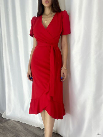Aesco Kadın Kruvaze Yaka Midi Boy Kuşaklı Krep Elbise 120 Cm