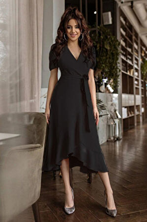 Aesco Kadın Kruvaze Yaka Midi Boy Kuşaklı Krep Elbise 120 Cm