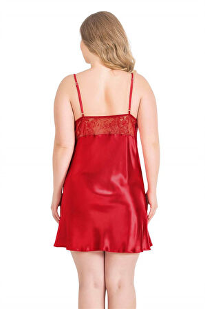 Aesco Büyük Beden Kırmızı Kısa İkili Saten Sabahlık Gecelik Takımı
