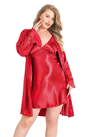 Aesco Büyük Beden Kırmızı Kısa İkili Saten Sabahlık Gecelik Takımı