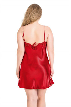 Aesco Büyük Beden Kırmızı Kısa İkili Saten Sabahlık Gecelik Takımı