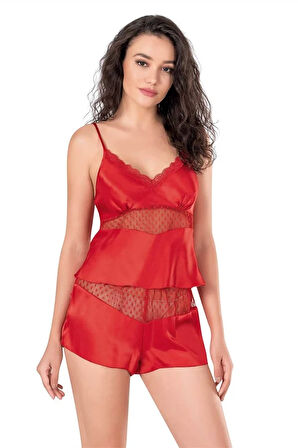 Aesco Kırmızı Saten Babydoll Şort Takımı