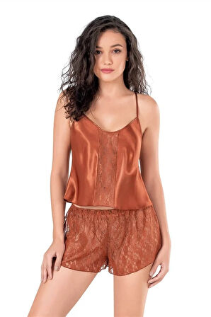 Aesco Tarçın Saten Babydoll Şort Takımı
