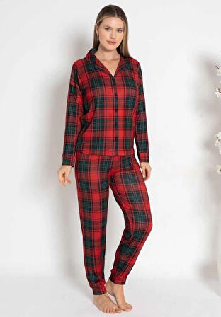 Aesco Estiva 24494 kadın Termal Önü Düğmeli Ekoseli Pijama Takımı