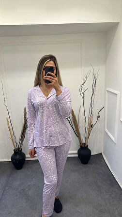 Aesco Alissa 6166 Bayan Önü Düğmeli Desenli Pijama Takımı