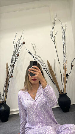 Aesco Alissa 6166 Bayan Önü Düğmeli Desenli Pijama Takımı