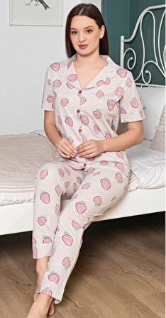 Aesco Alissa 6251 Kadın Çilek Desenli Patlı Pijama Takımı