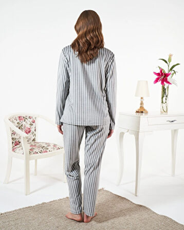 Aesco Estiva 25360 Gömlek Yaka Çizgili Kadife Pijama Takımı