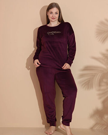 Aesco Estiva 25393 Uzun Kol Battal Kadife Pijama Takımı