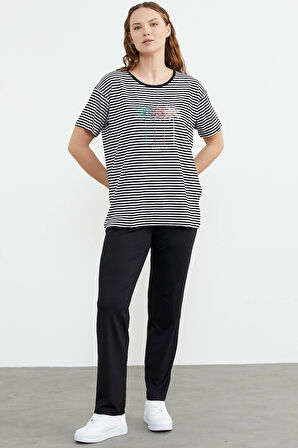 Aesco Sementa 76324 Sıfır Yaka Nakış Detaylı Çizgili Penye Takım