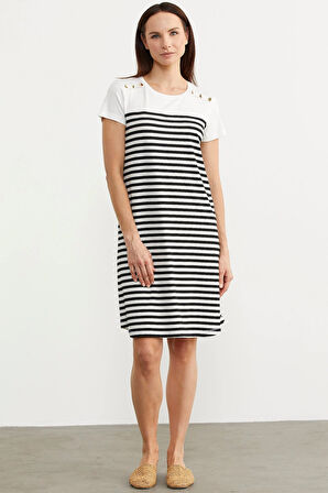 Aesco Sementa 77482 Düğme Detaylı Çizgili Penye Elbise