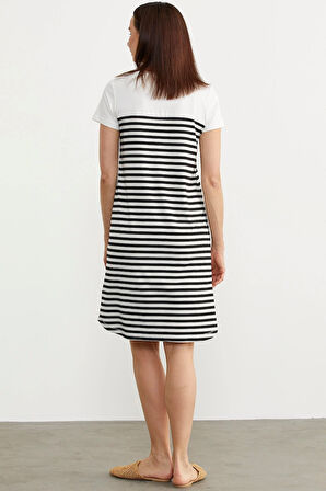 Aesco Sementa 77482 Düğme Detaylı Çizgili Penye Elbise