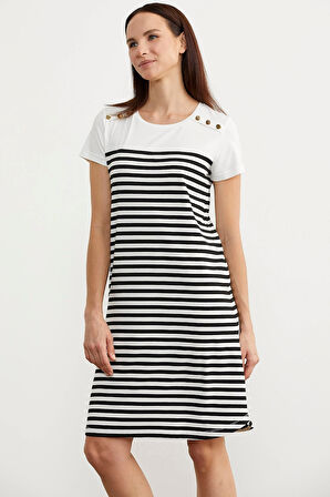 Aesco Sementa 77482 Düğme Detaylı Çizgili Penye Elbise