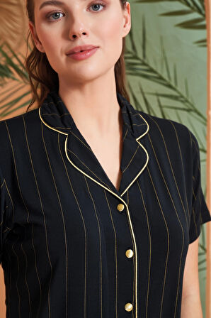 Aesco Pjs 27042 Kadın Kısa Kol Çizgili Önü Düğmeli Pijama Takımı