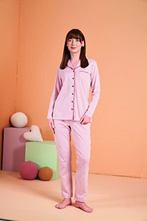 Aesco PJS 28001 Kadın Uzun Kol Çizgili Önü Düğmeli Pijama Takım