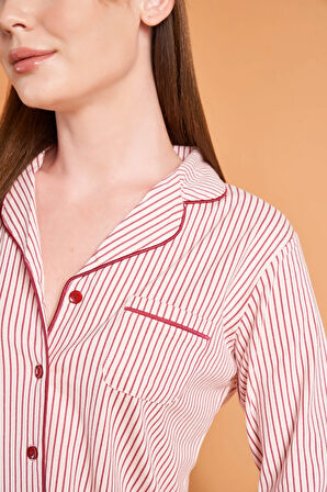 Aesco PJS 28001 Kadın Uzun Kol Çizgili Önü Düğmeli Pijama Takım