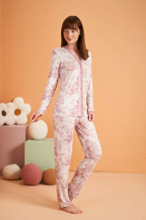 Aesco PJS 28017 Kadın Uzun Kol Önü Düğmeli Pijama Takım