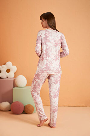 Aesco PJS 28017 Kadın Uzun Kol Önü Düğmeli Pijama Takım