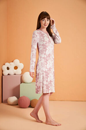 Aesco PJS 28019 Kadın Uzun Kol Desenli Gecelik