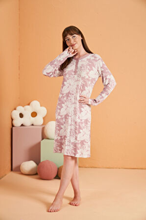 Aesco PJS 28019 Kadın Uzun Kol Desenli Gecelik