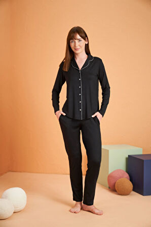 Aesco PJS 28049 Kadın Uzun Kol Önü Düğmeli Pijama Takım