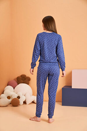 Aesco PJS 28081 Kadın Uzun Kol Yuvarlak Yaka Kalpli Pijama Takım