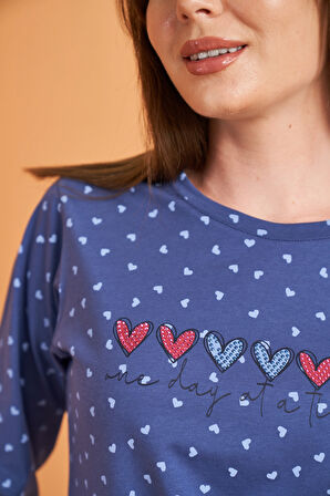 Aesco PJS 28081 Kadın Uzun Kol Yuvarlak Yaka Kalpli Pijama Takım