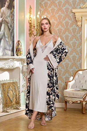 Aesco Aqua 25196 Desenli Şal Yaka Uzun Sabahlık